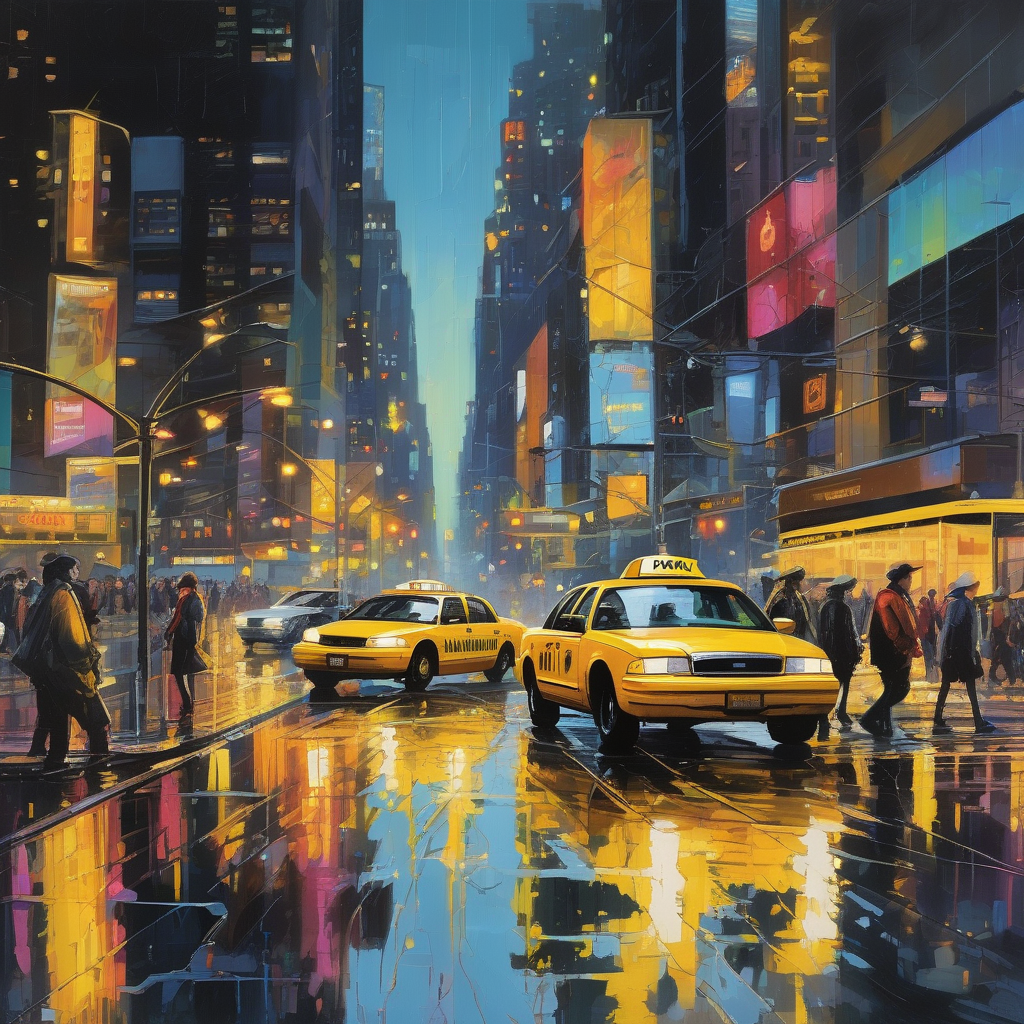 A Busy City Intersection With People Crossing Taxi Lights Reflecting O