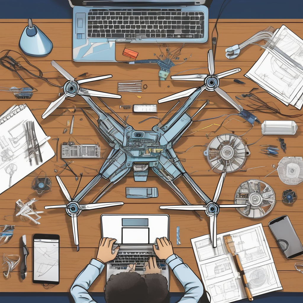 A Person Assembling A Drone On A Desk With Scattered Tools Tech Worksp