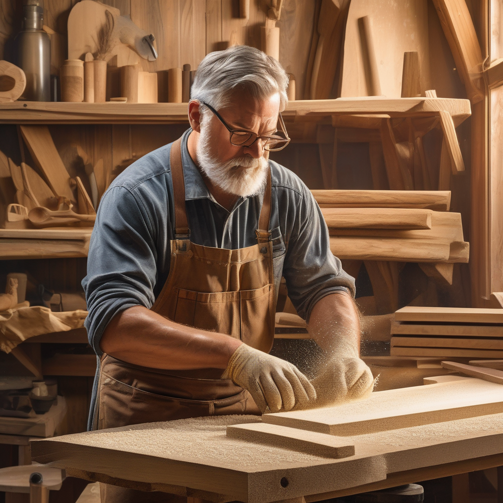 A Carpenter Sanding Wood In A Sunny Workshop Sawdust In Air Ultra Real
