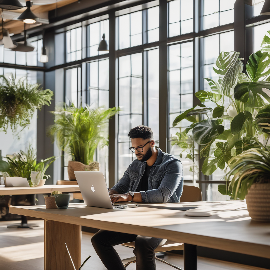 A Person Sitting In A Coworking Space Working On A Macbook Pro Blurred