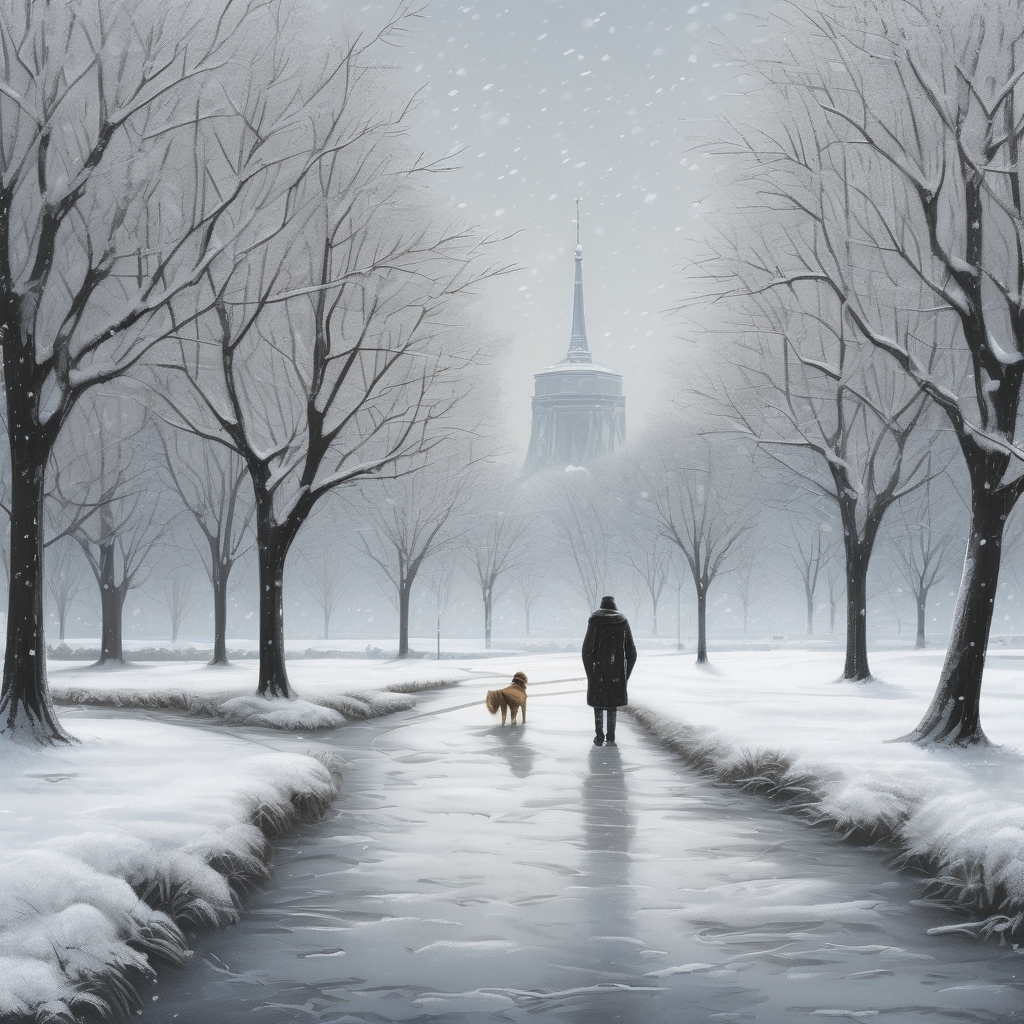 A Person Walking A Dog In The Snow Breath Visible Cold Atmosphere And 