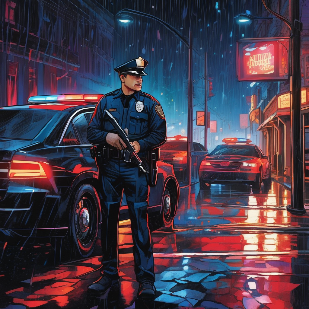 A Police Officer Writing Notes At Night With Flashing Lights In The Ba