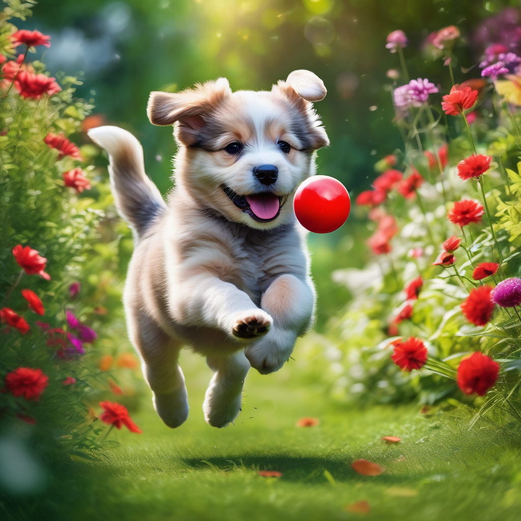 A Puppy Playing With A Ball In A Green Garden Soft Bokeh Background