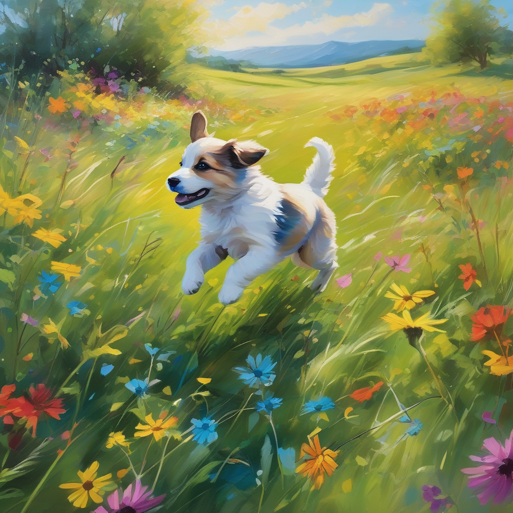 A Puppy Running Through A Green Meadow With Flowers Motion Blur Bright