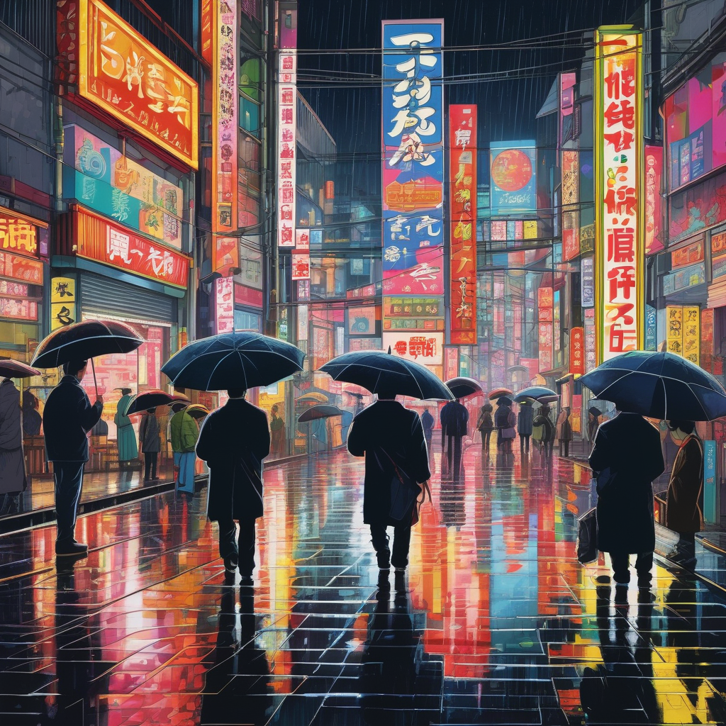 A Rainy Street In Tokyo At Night With Neon Reflections And People Hold