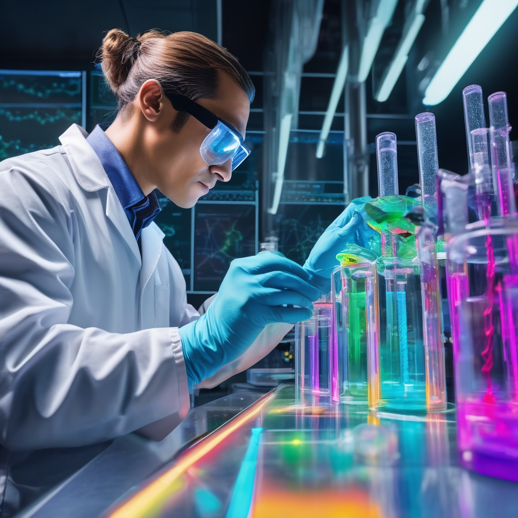 A Scientist Wearing Protective Glasses Mixing Chemicals In A High Tech