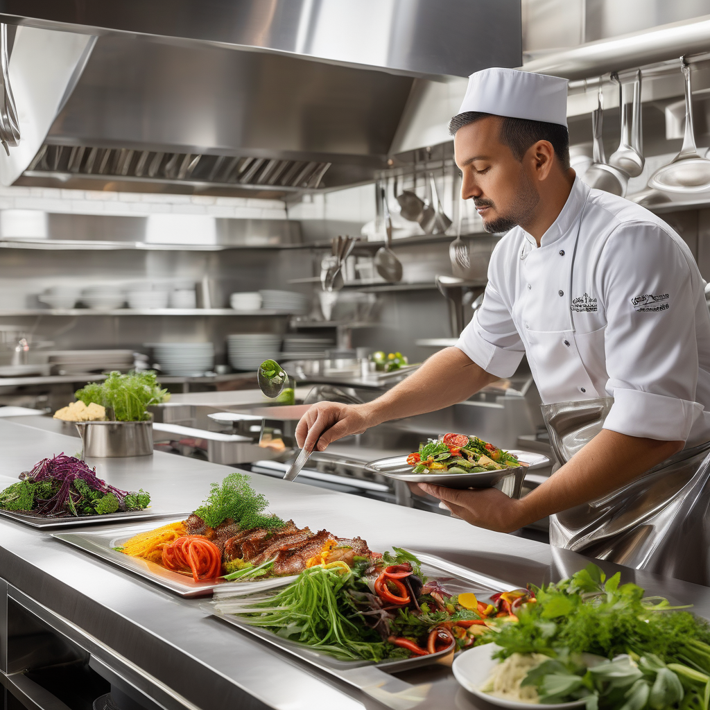 A Chef Plating A Gourmet Dish In A High End Restaurant Kitchen Shallow