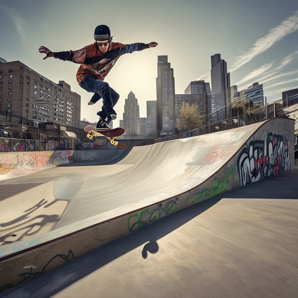 A Skateboarder Doing A Trick In An Urban Skate Park Mid Air Action And