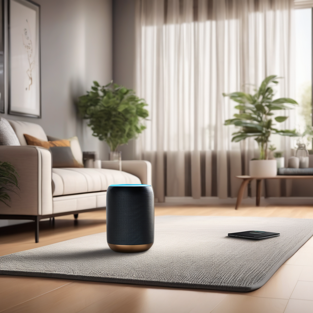A Smart Speaker On A Table With Blurred Living Room In The Background 