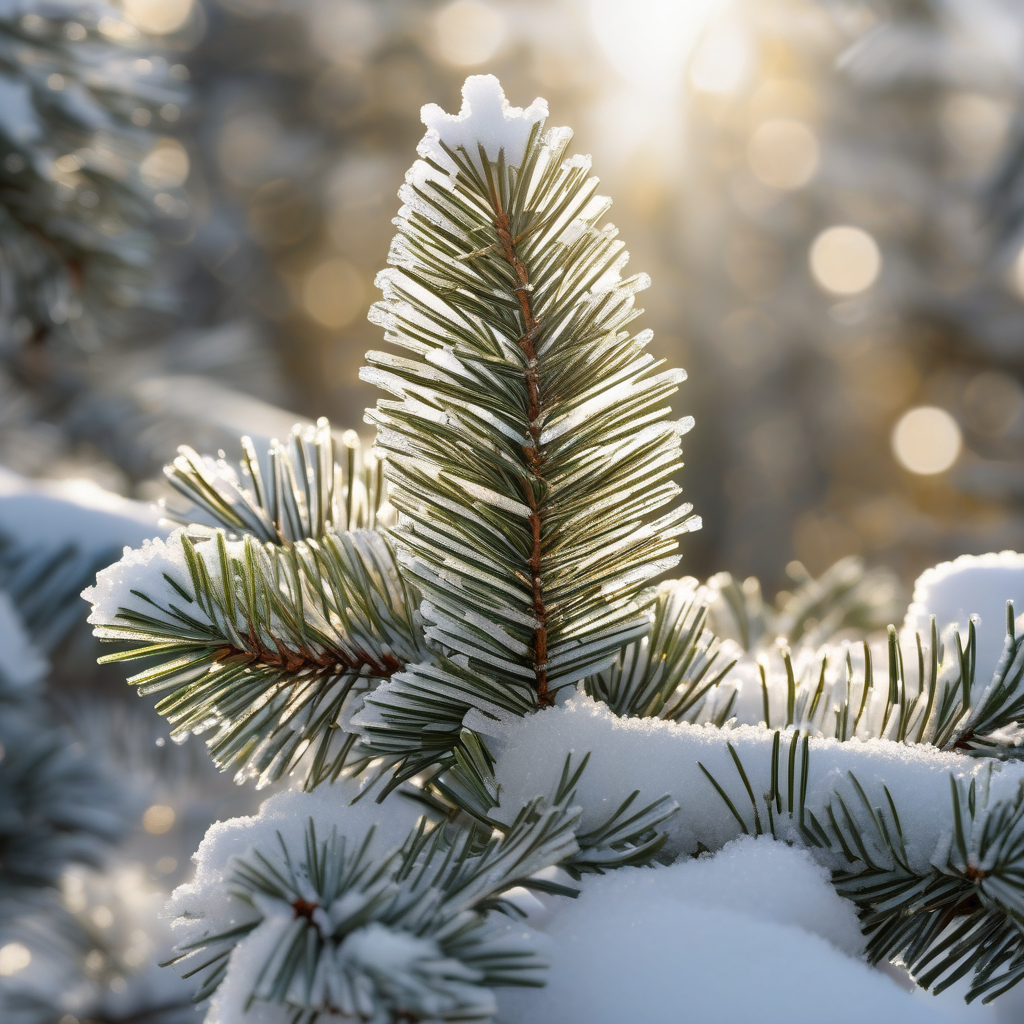 A Snow Covered Pine Tree Branch With Ice Crystals In Morning Sun Macro