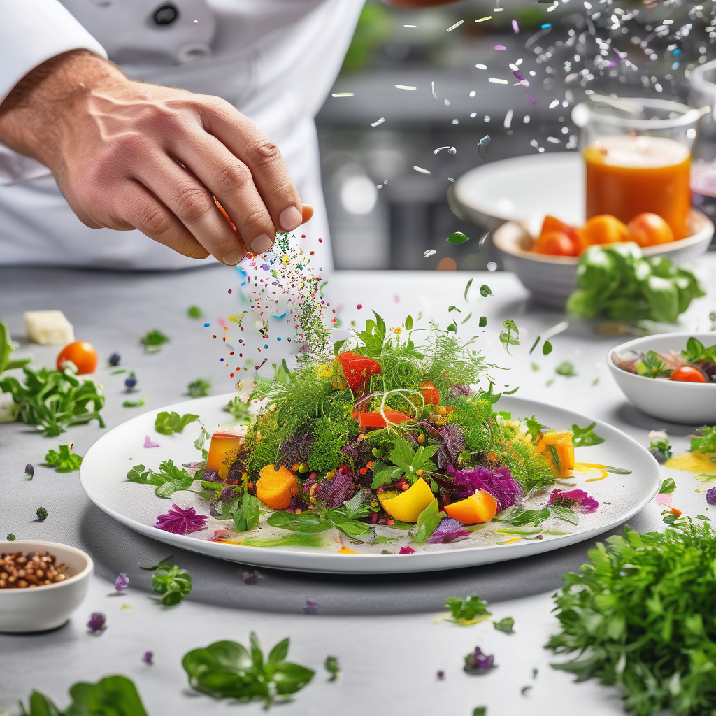 A Chef Sprinkling Herbs Onto A Plated Dish In Slow Motion Crisp Kitche