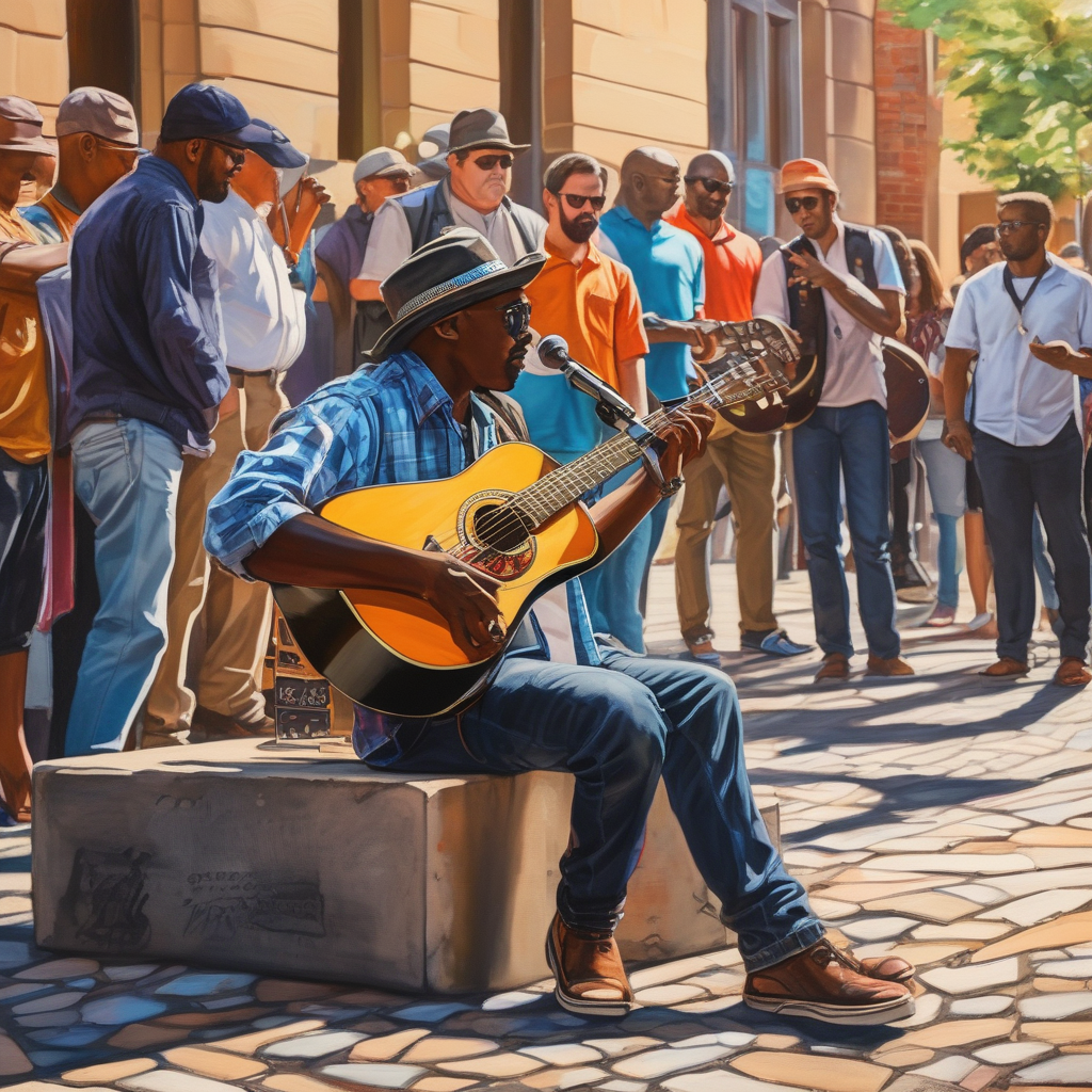 A Street Musician Playing Guitar Sunlight Hitting Their Face People Wa