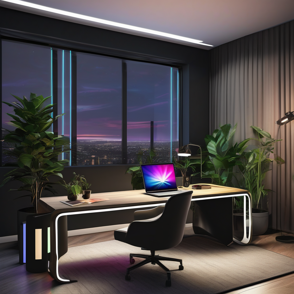 A Stylish Home Office With Led Strip Lighting Showing A Dark Themed We