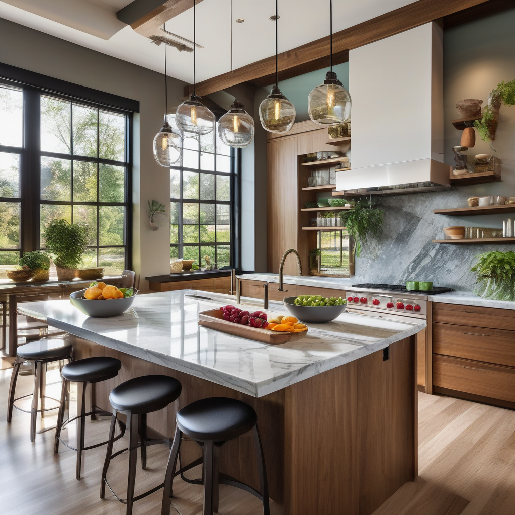 A Stylish Modern Kitchen With Hanging Lights And Wooden Textures Natur