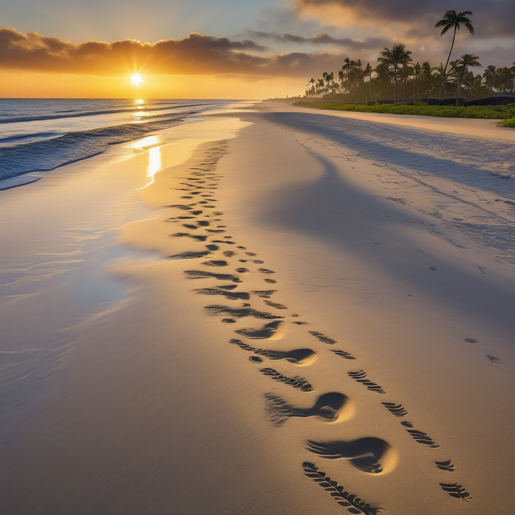 A Sunrise Over A Calm Beach With Footprints In The Sand Photorealism A