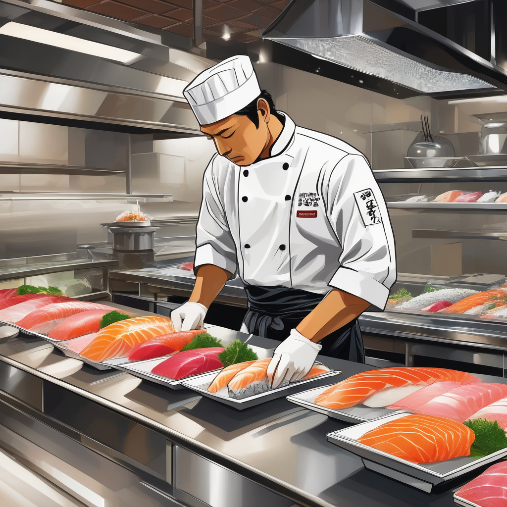 A Sushi Chef Preparing Sashimi At A Clean White Counter Knife And Fish