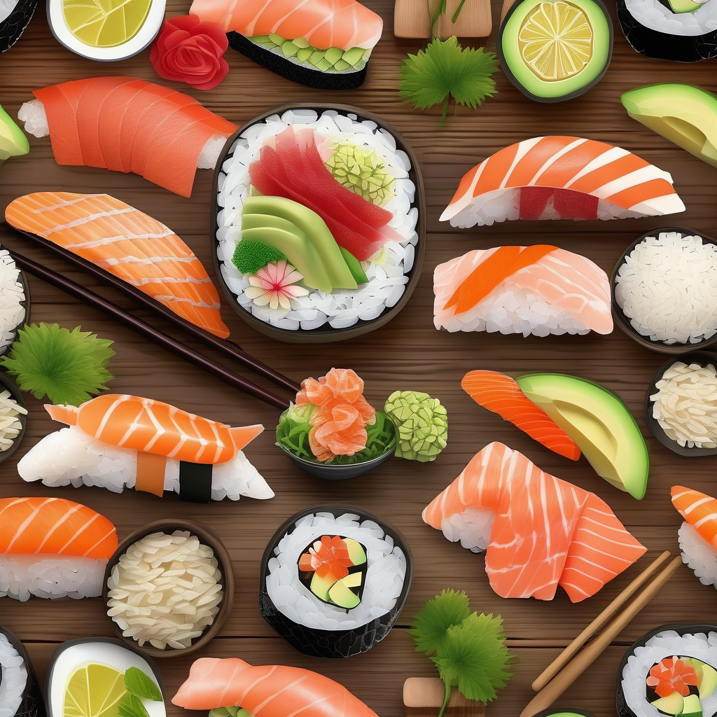 A Sushi Platter With Fresh Ingredients On A Wooden Board Ultra Realist
