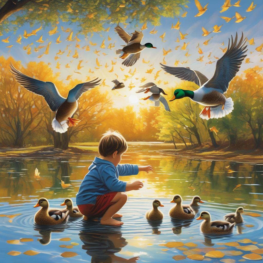 A Child Feeding Ducks At A Pond Splash And Movement Ultra Realistic Ca