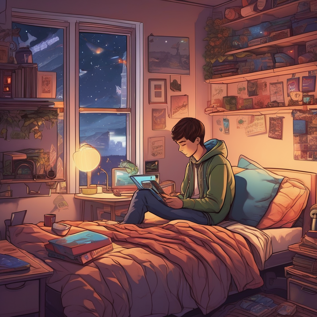 A Teenager Playing A Handheld Gaming Device In Bed At Night Screen Glo
