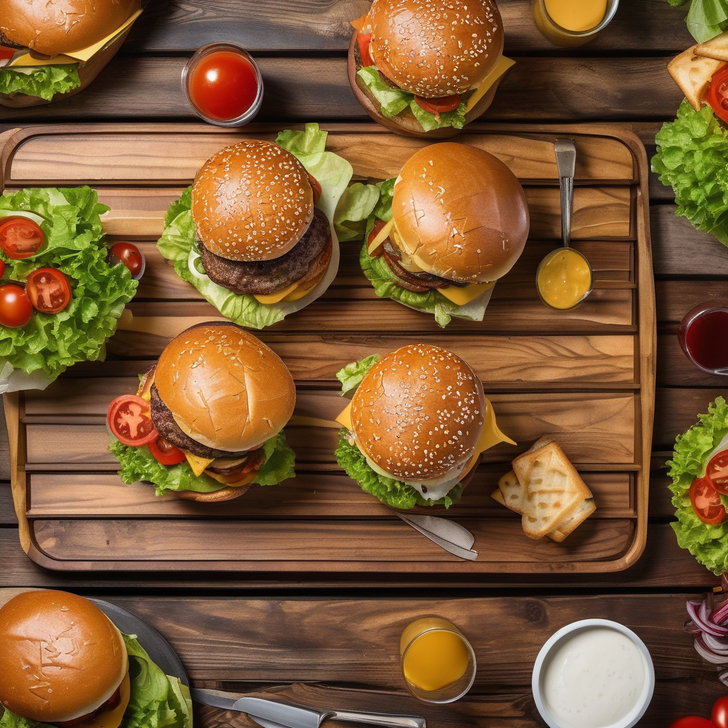 A Top Down View Of A Delicious Burger And Fries On A Rustic Wooden Tab