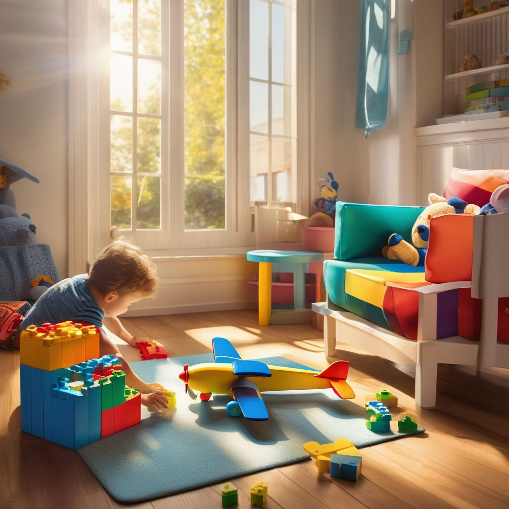 A Child Playing With A Toy Airplane Near A Window Warm Lighting Candid
