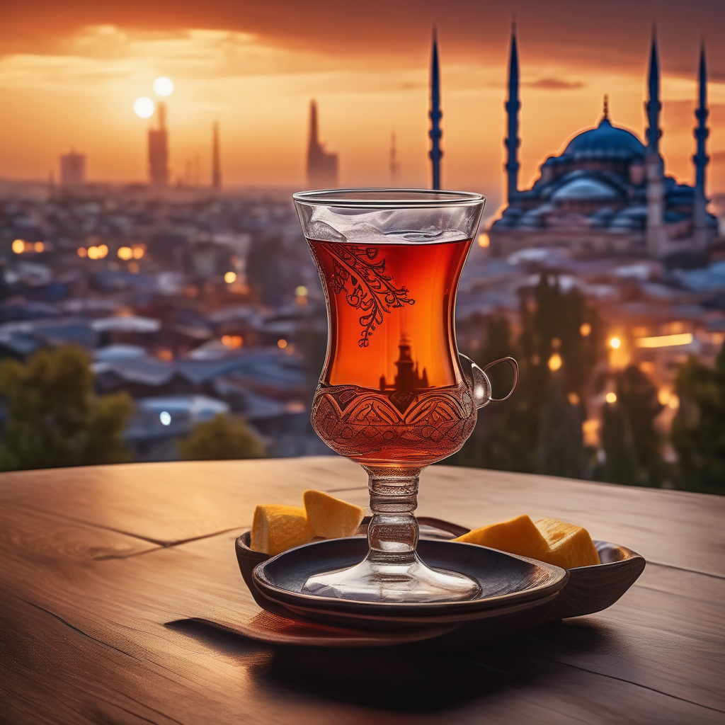 A Traditional Turkish Tea Glass With Steam Rising In Front Of A Blurre