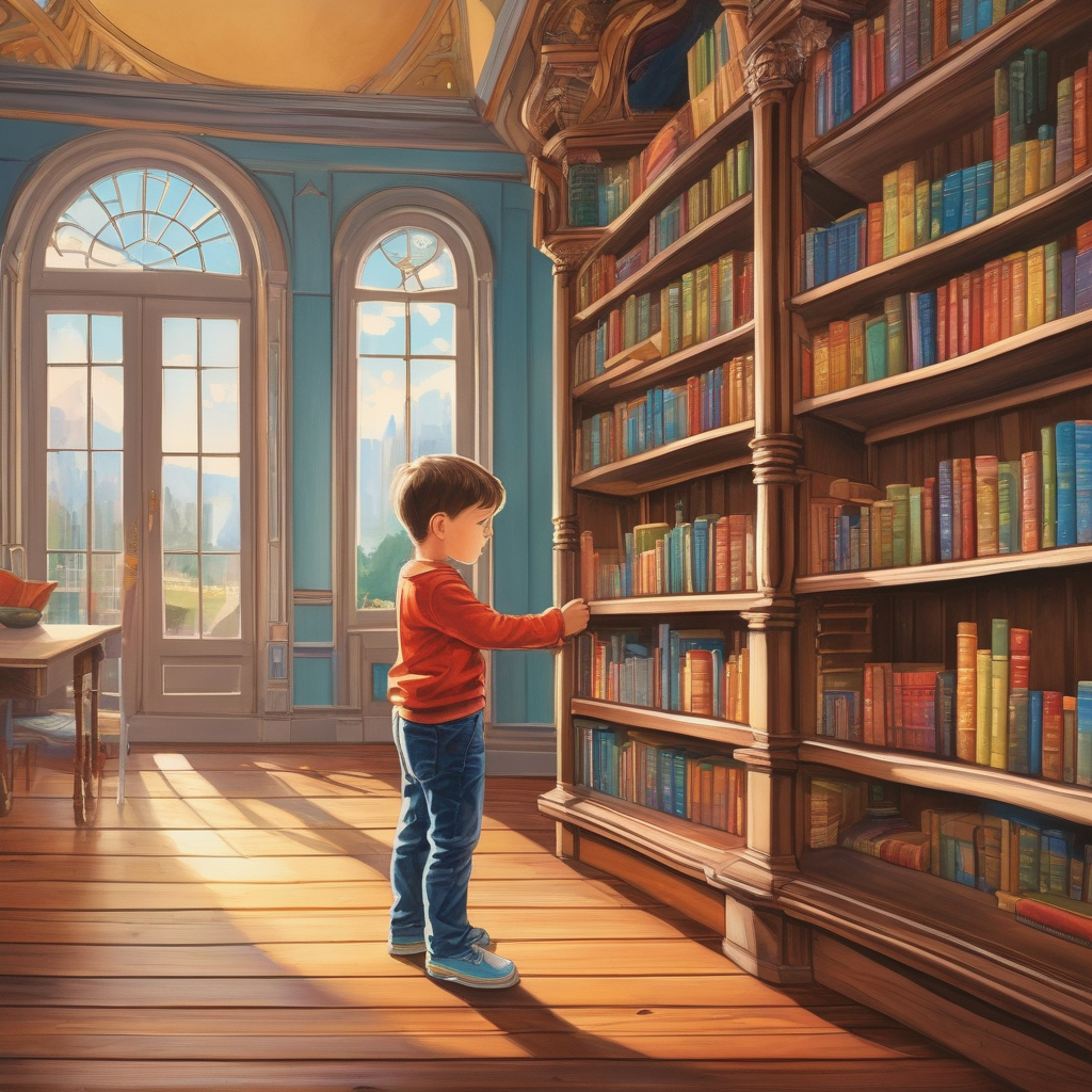 A Child Reaching For A Book On A Shelf In A Library Warm Tones Ultra R