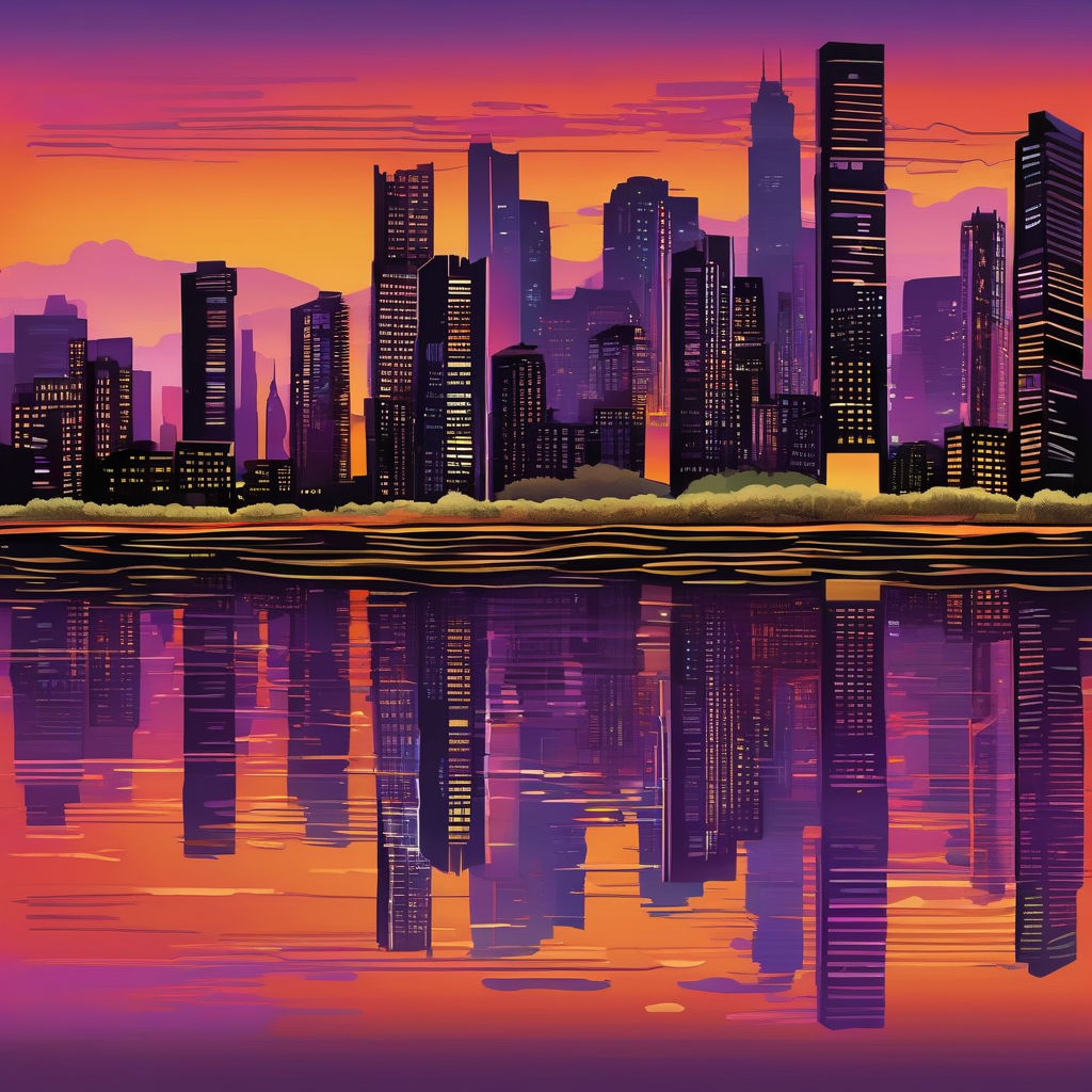 A City Skyline Reflected On A Calm River At Sunset Ultra Sharp Detail 