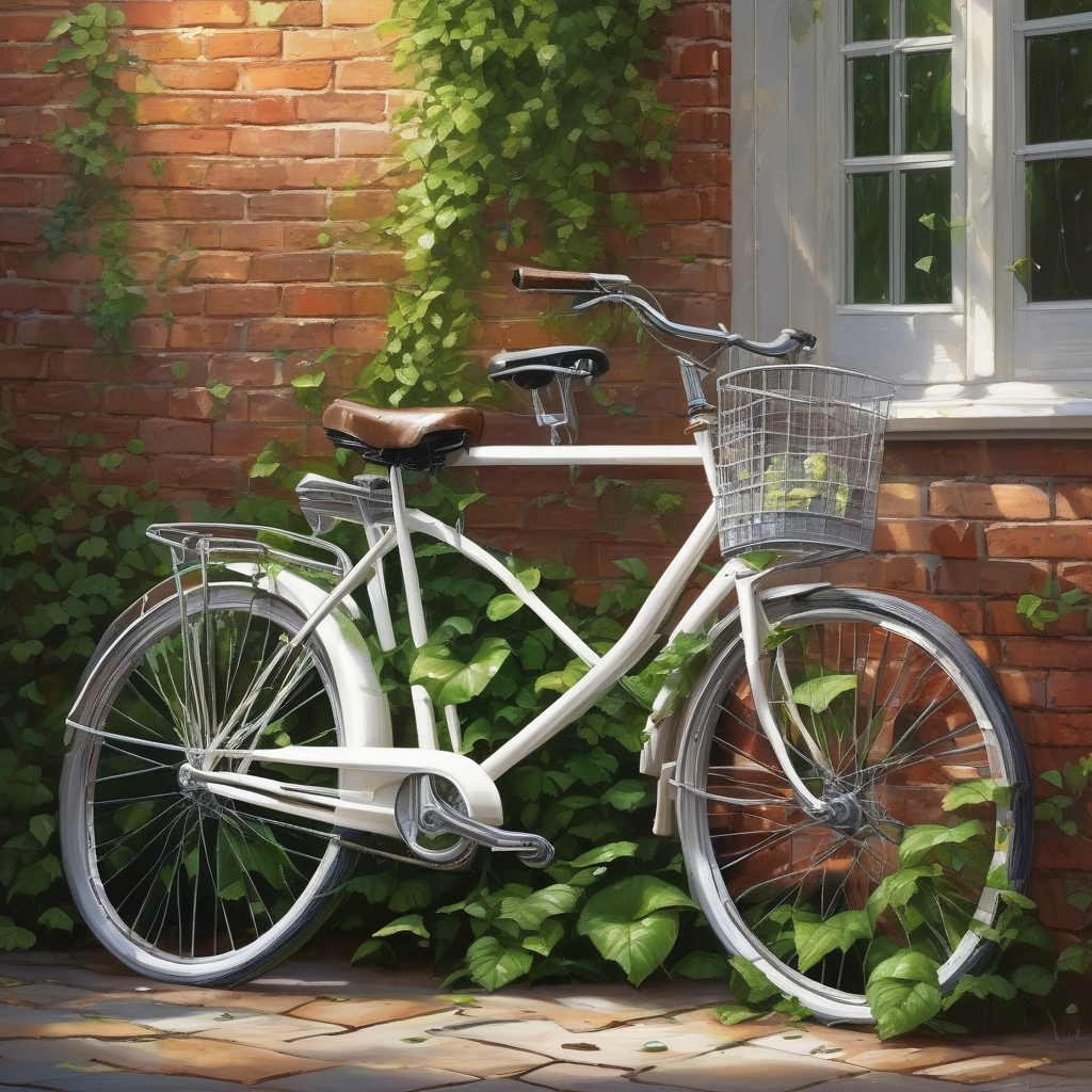 A White Bicycle Parked Against A Brick Wall With Plants Nearby Morning