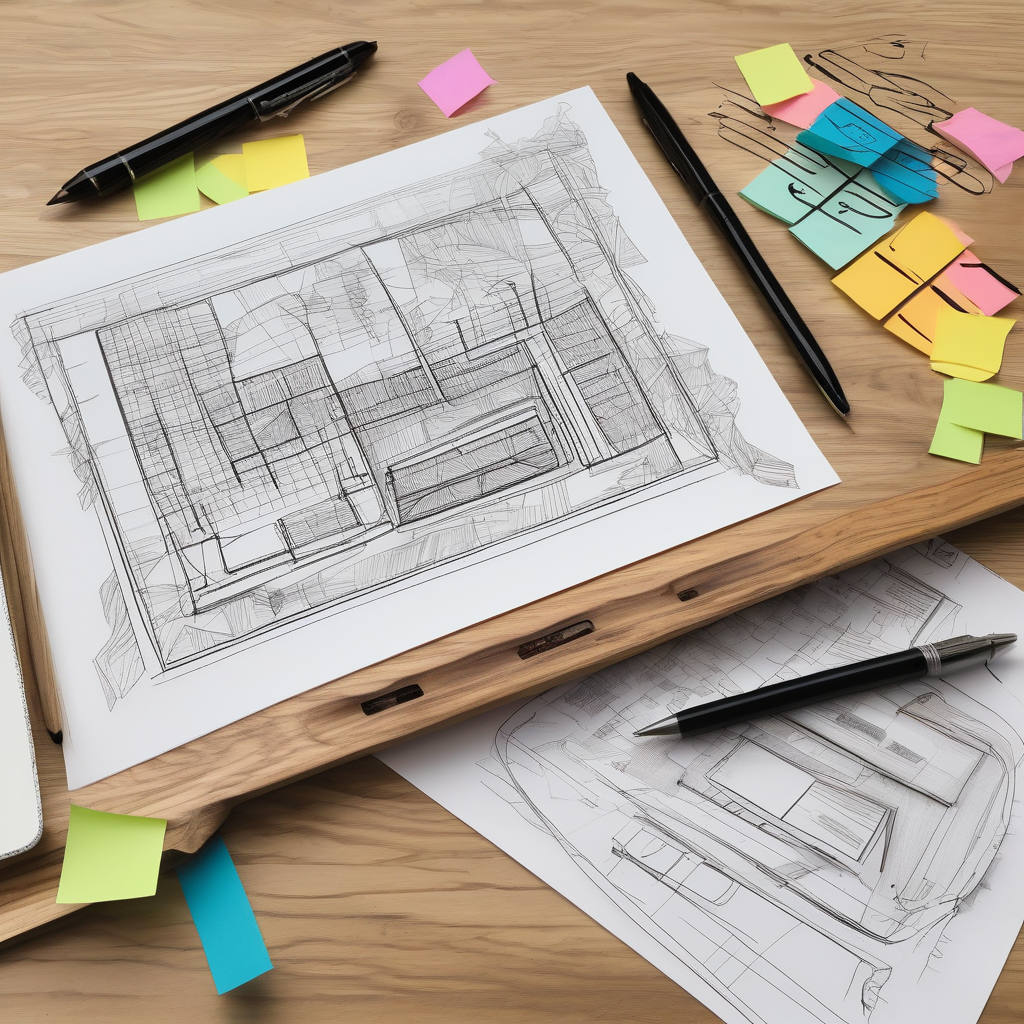 A Wireframe Sketch Of A Website On Paper With Pen And Sticky Notes Nea