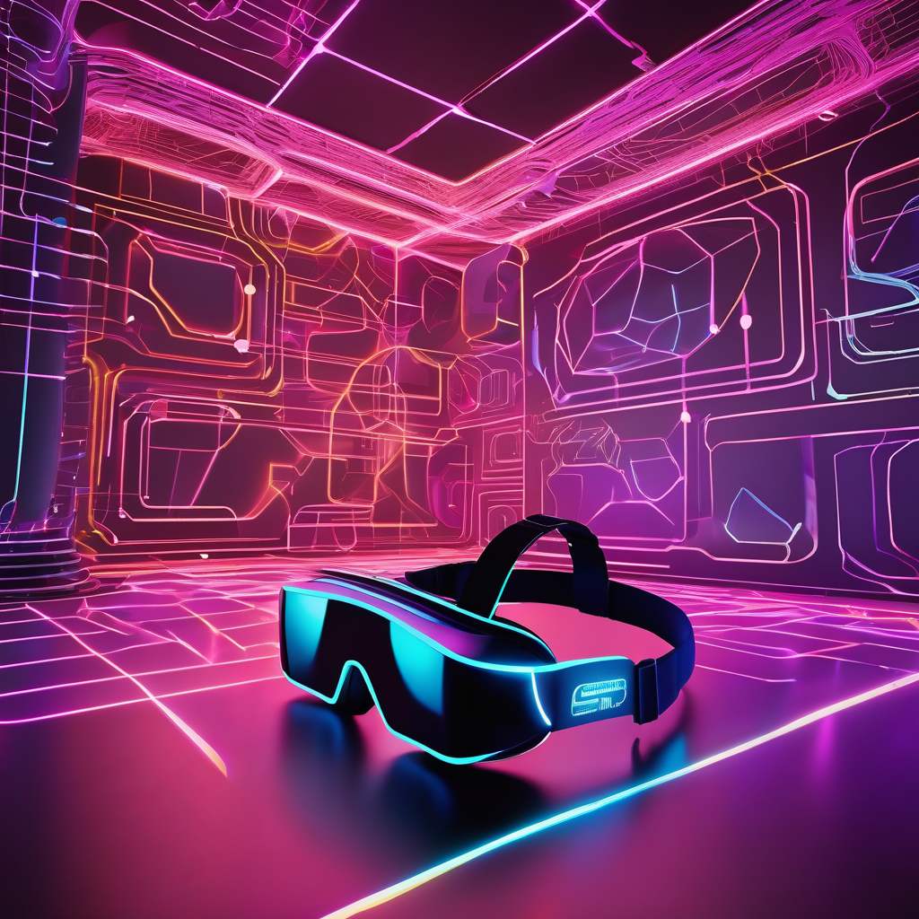 A Woman Wearing Vr Goggles Interacting With Virtual Elements In A Dark