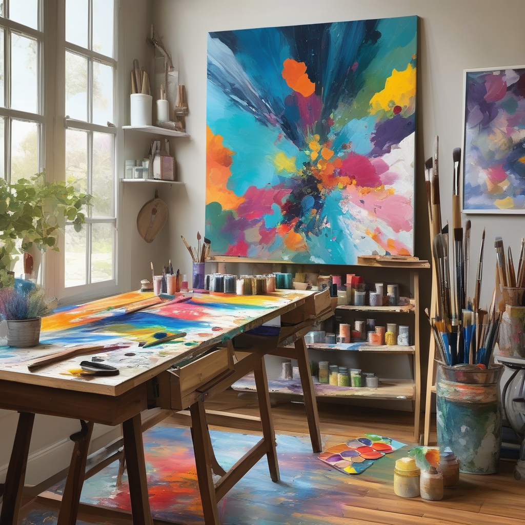 A Young Artist Painting On Canvas In A Well Lit Studio Color Palette A