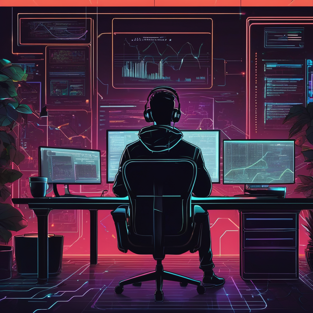 A Young Man Coding At Night With Three Monitors Glowing Dark Room Tech