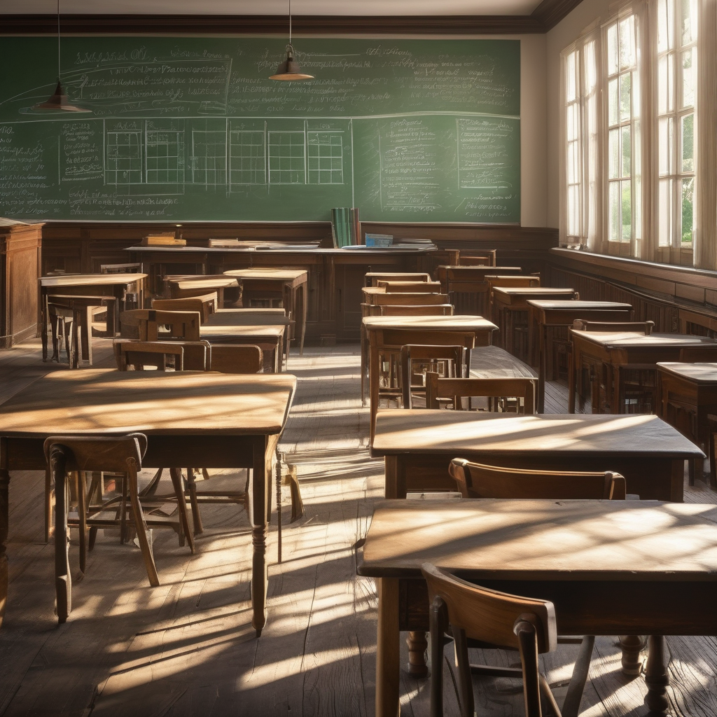 A Classroom With Empty Desks And A Chalkboard In Sunlight Nostalgic Mo