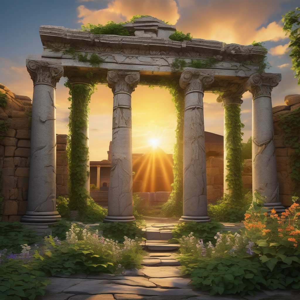 Ancient Roman Temple Ruins With Dramatic Lighting Overgrown Plants