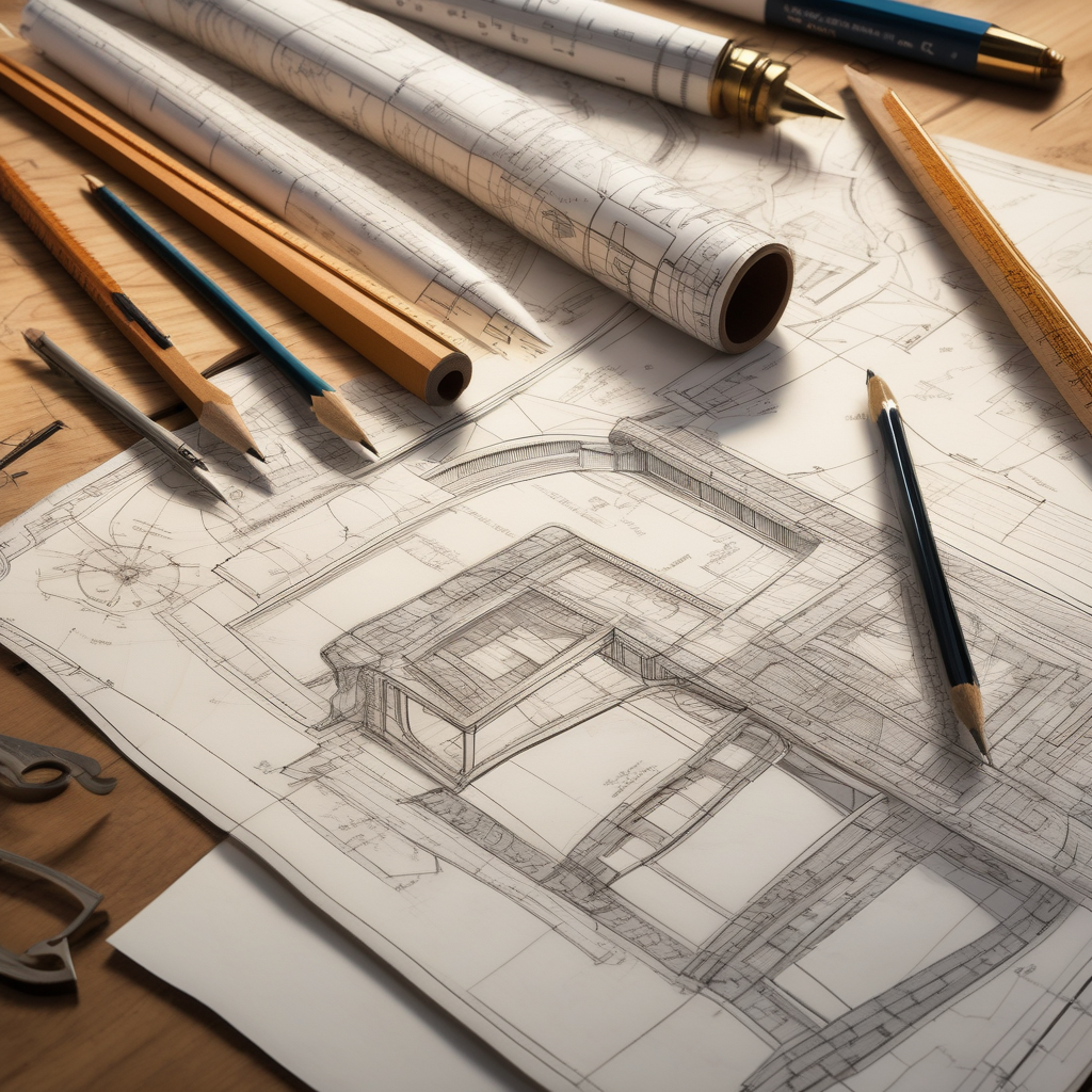 Architect Drawing A Blueprint On A Table Tools Scattered Around