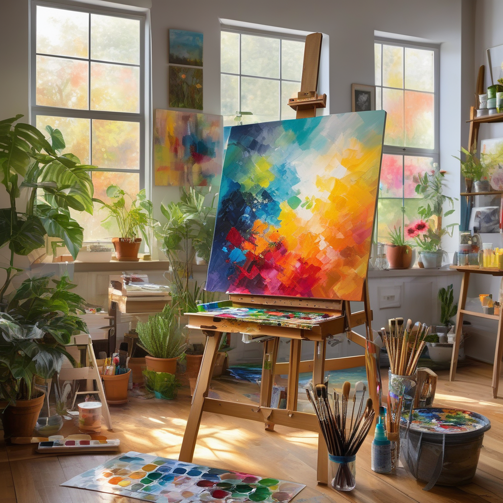 Artist Painting On A Canvas In A Sunlit Studio