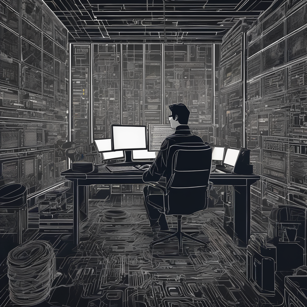 Coder Working At Night Surrounded By Multiple Screens Dark Theme