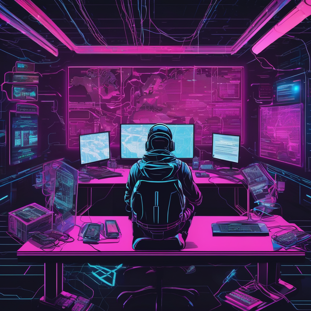 Cyberpunk Hacker In Front Of Multiple Screens Neon Lighting Dark Room