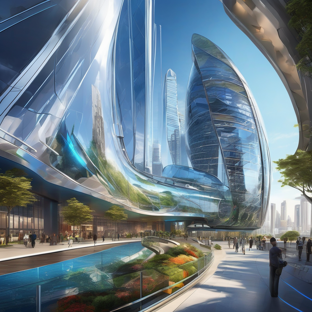 Futuristic Building With Curved Glass And Metal Design City Background