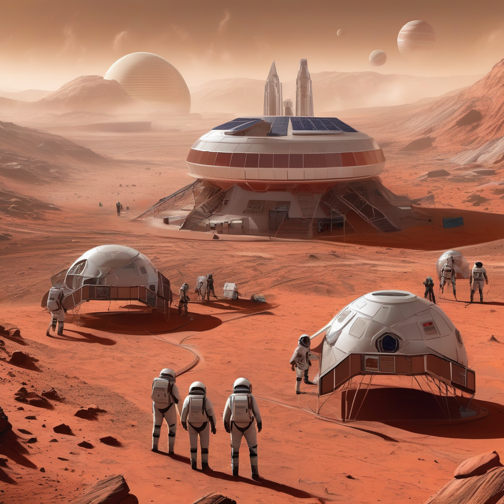 Mars Colony Base With Astronauts Walking Around Dust Storm Realism