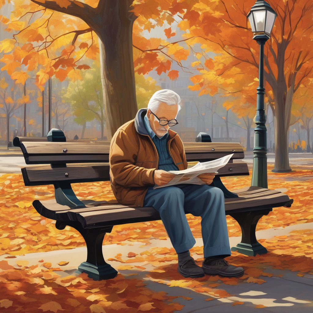 Old Man Reading A Newspaper In A Park Autumn Leaves Background