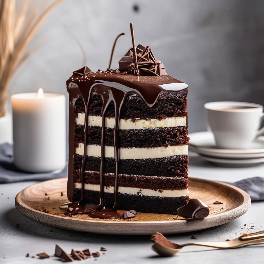 Slice Of Chocolate Cake With Dripping Ganache Close Up Shallow Depth