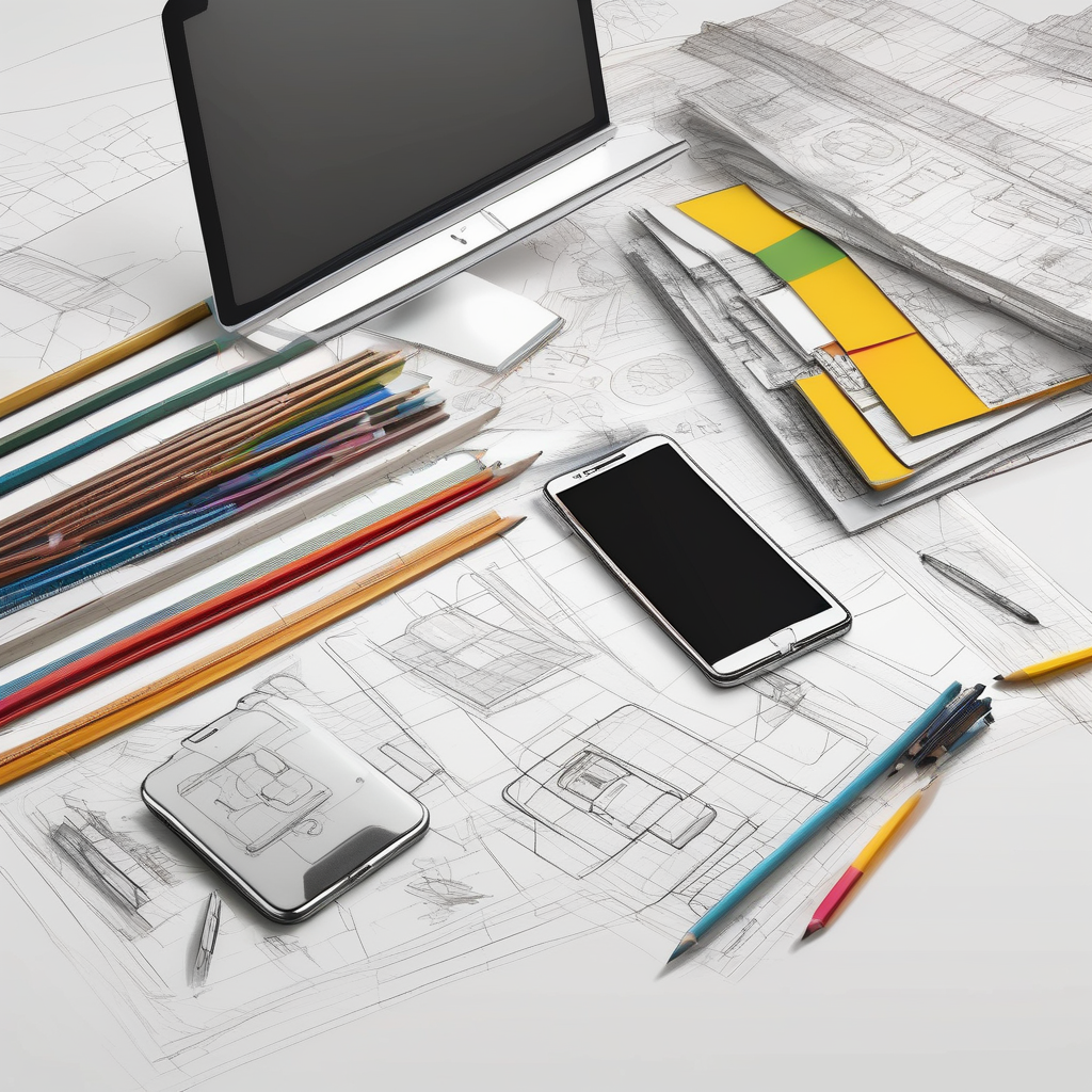 Top Down View Of A Desktop With Wireframe Sketches Pencils And A Phone