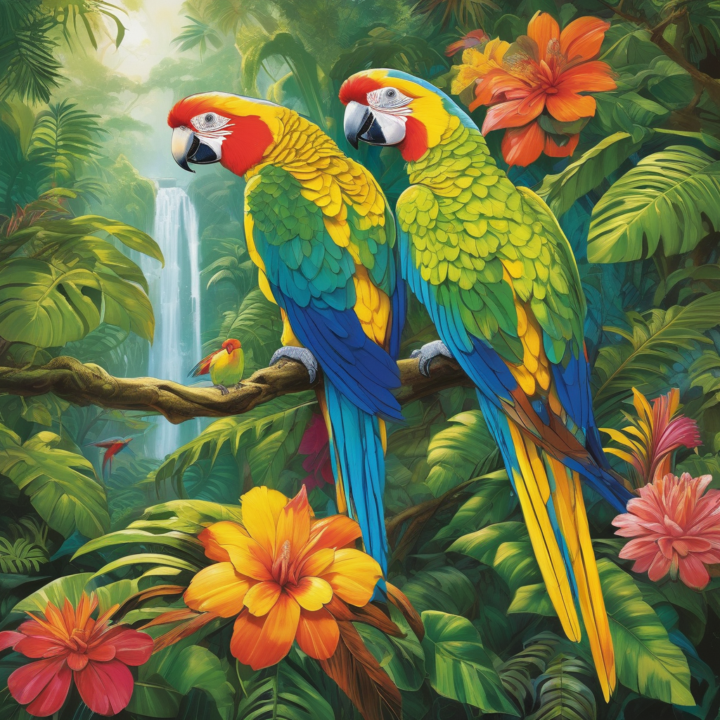Two Parrots Sitting On A Branch In A Tropical Jungle Vivid Colors