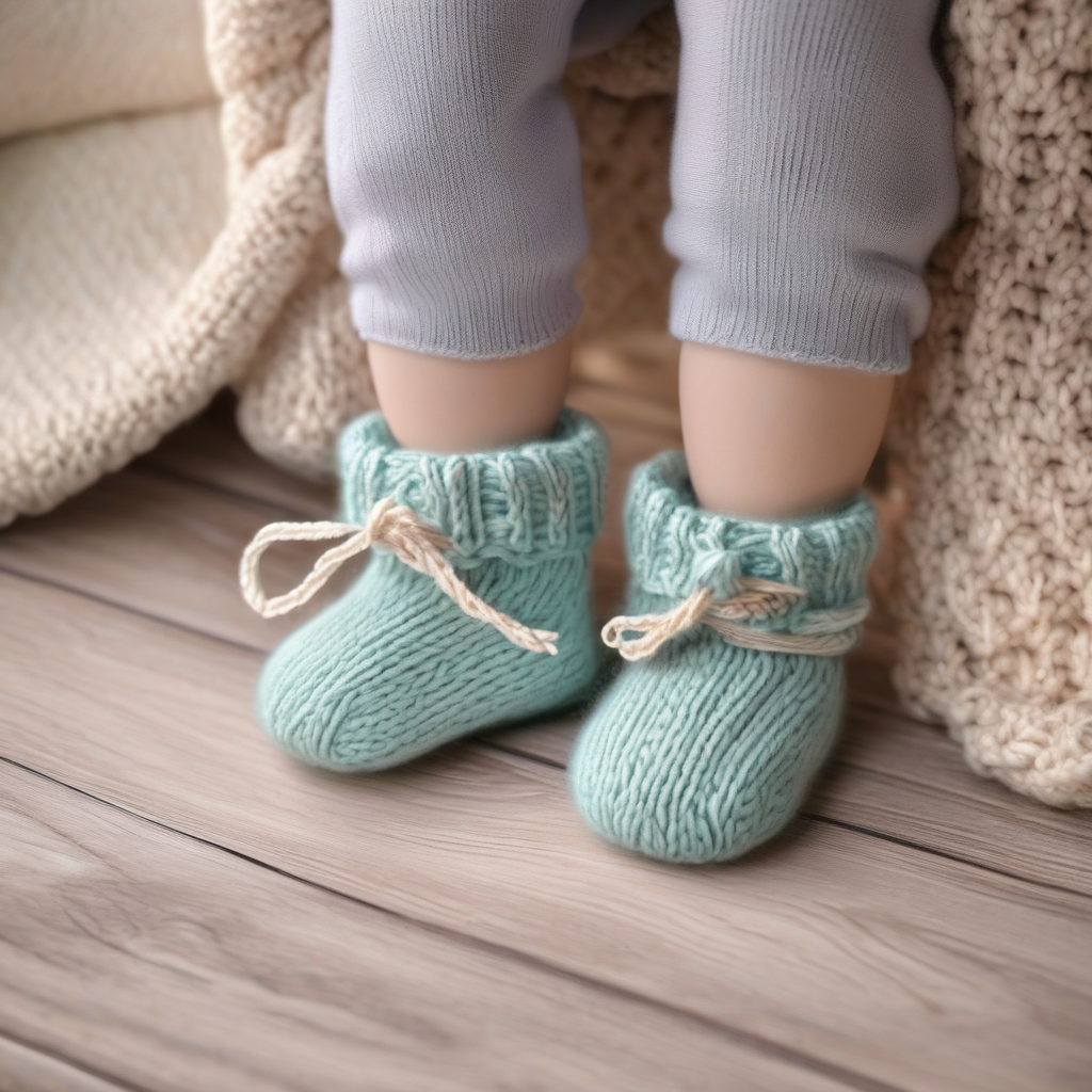 A Babys Feet In Knitted Booties Held By Parent