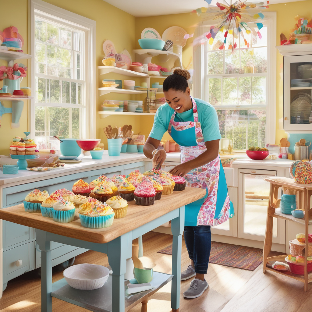 A Baker Decorating Cupcakes In A Sunny Kitchen