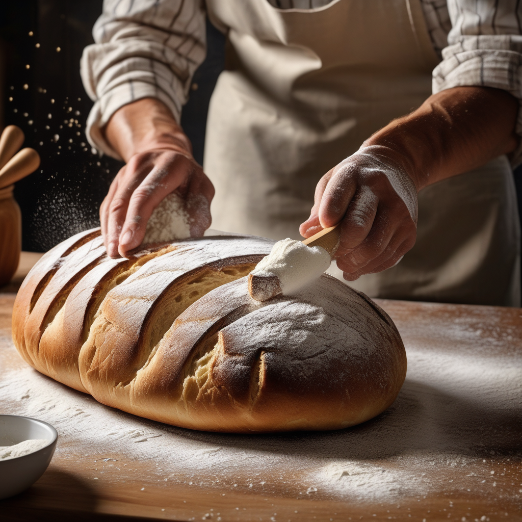 A Baker Dusting Flour On Fresh Bread