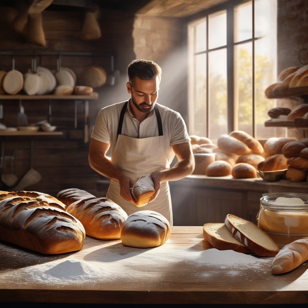 A Baker Sprinkling Flour On Fresh Bread