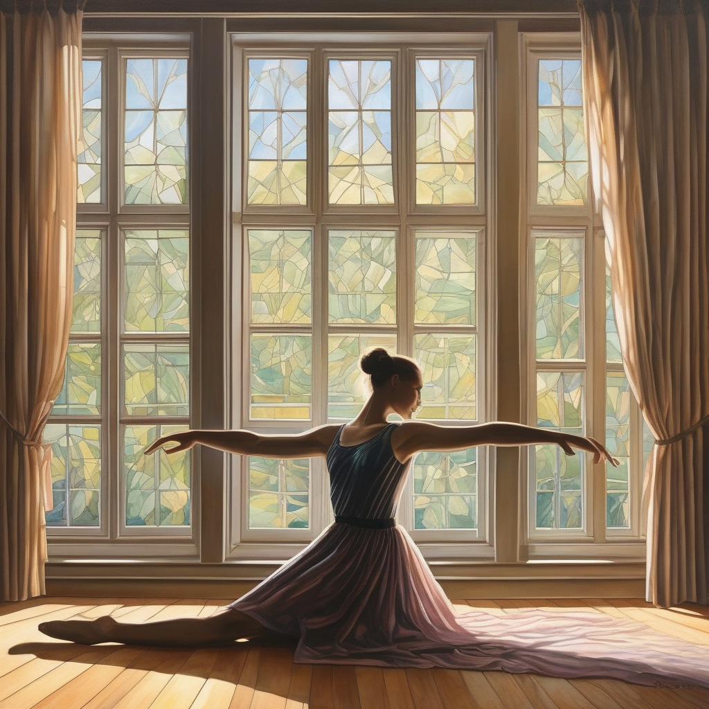 A Ballerina Stretching Beside A Large Window